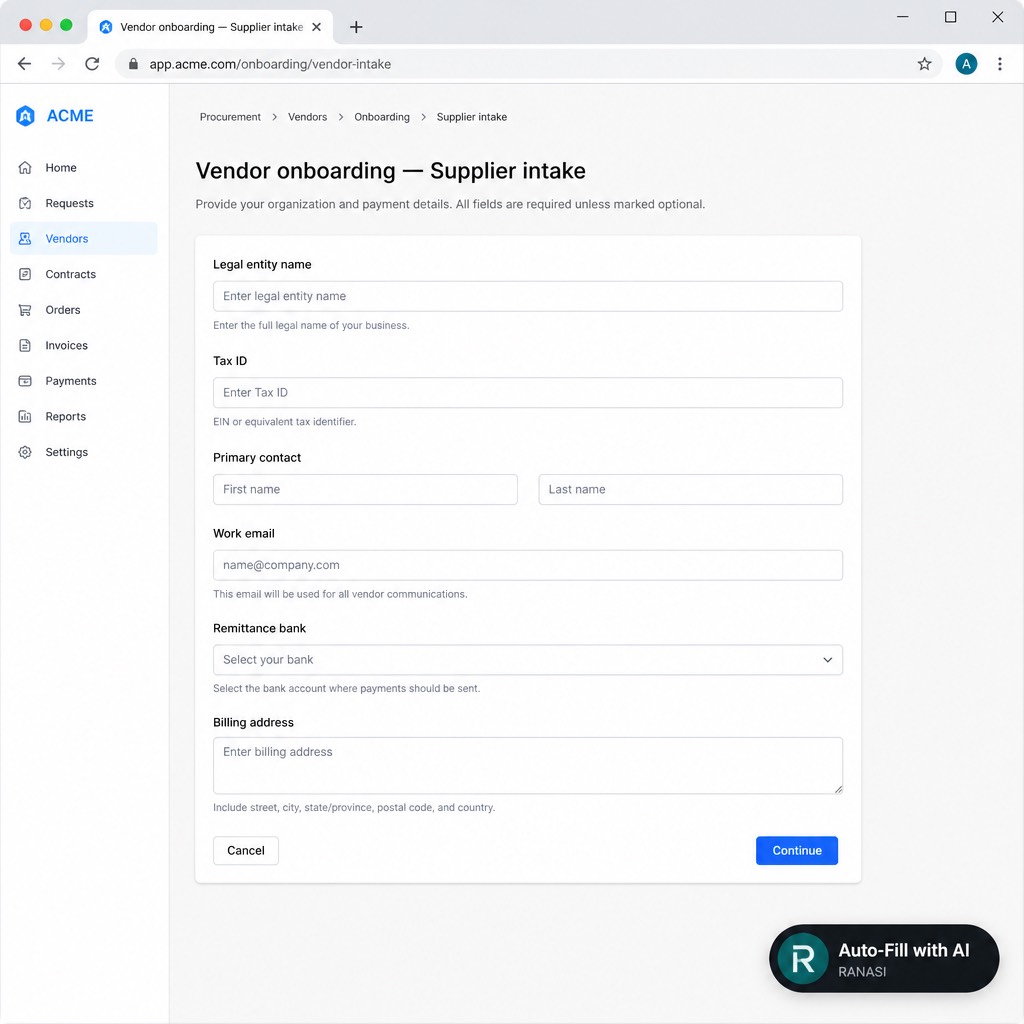 Ranasi Auto-Fill with AI on an enterprise vendor onboarding form
