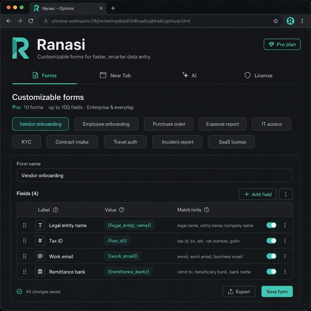 Ranasi Options: customizable enterprise forms with labels, values, and match hints